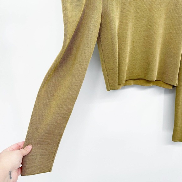Zara Knit Cropped Sweater Gold Size M Long Puff Sleeve Pullover Crewneck Cotton - Picture 4 of 10